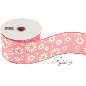 Eleganza Wired Edge Ribbon White Daisies On Pink 63mm X 9.1m