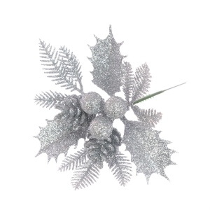 Glitter Holly & Pinecone Pick, Silver