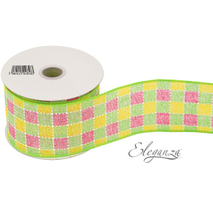 Eleganza Wired Edge Ribbon Green Pink & Yellow Chequered 63mm X 9.1m Design.428