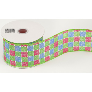 Eleganza Wired Edge Ribbon Green Pink & Blue Chequered 63mm X 9.1m Design.429